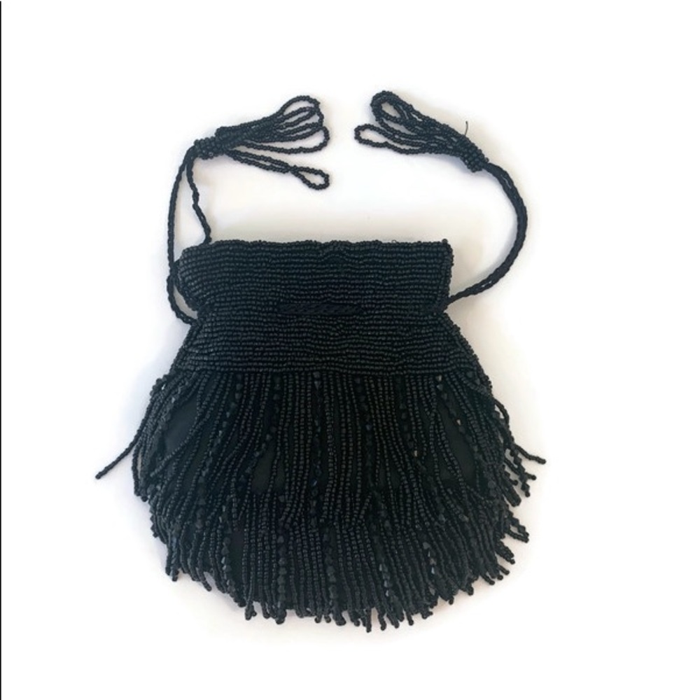 Black Beaded Drawstring Evening Bag - image 1